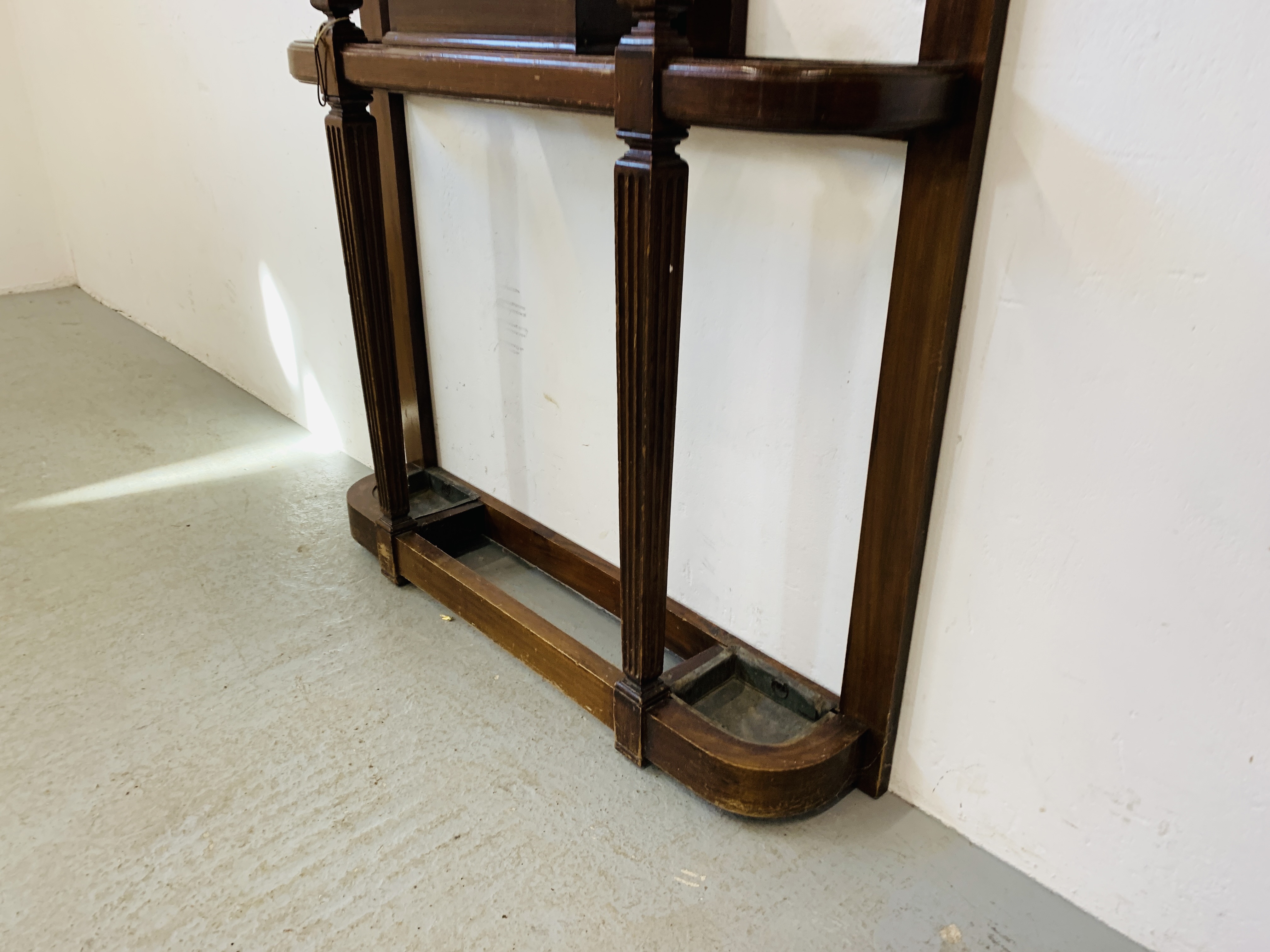 A MAHOGANY HALL STAND WITH CENTRAL MIRROR AND GLOVE BOX. W 99CM. D 19CM. H 195CM. - Image 4 of 10