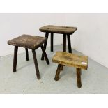 3 ANTIQUE COUNTRY STOOLS INCLUDING OAK - HIGHEST 37CM. SMALLEST 21CM.