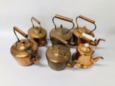 6 X VINTAGE COPPER KETTLES OF VARIOUS SIZES