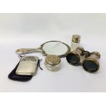 VINTAGE SILVER BACKED HAND MIRROR, SILVER TOPPED DRESSING TABLE JAR, ONE OTHER UNMARKED HAND WARMER,