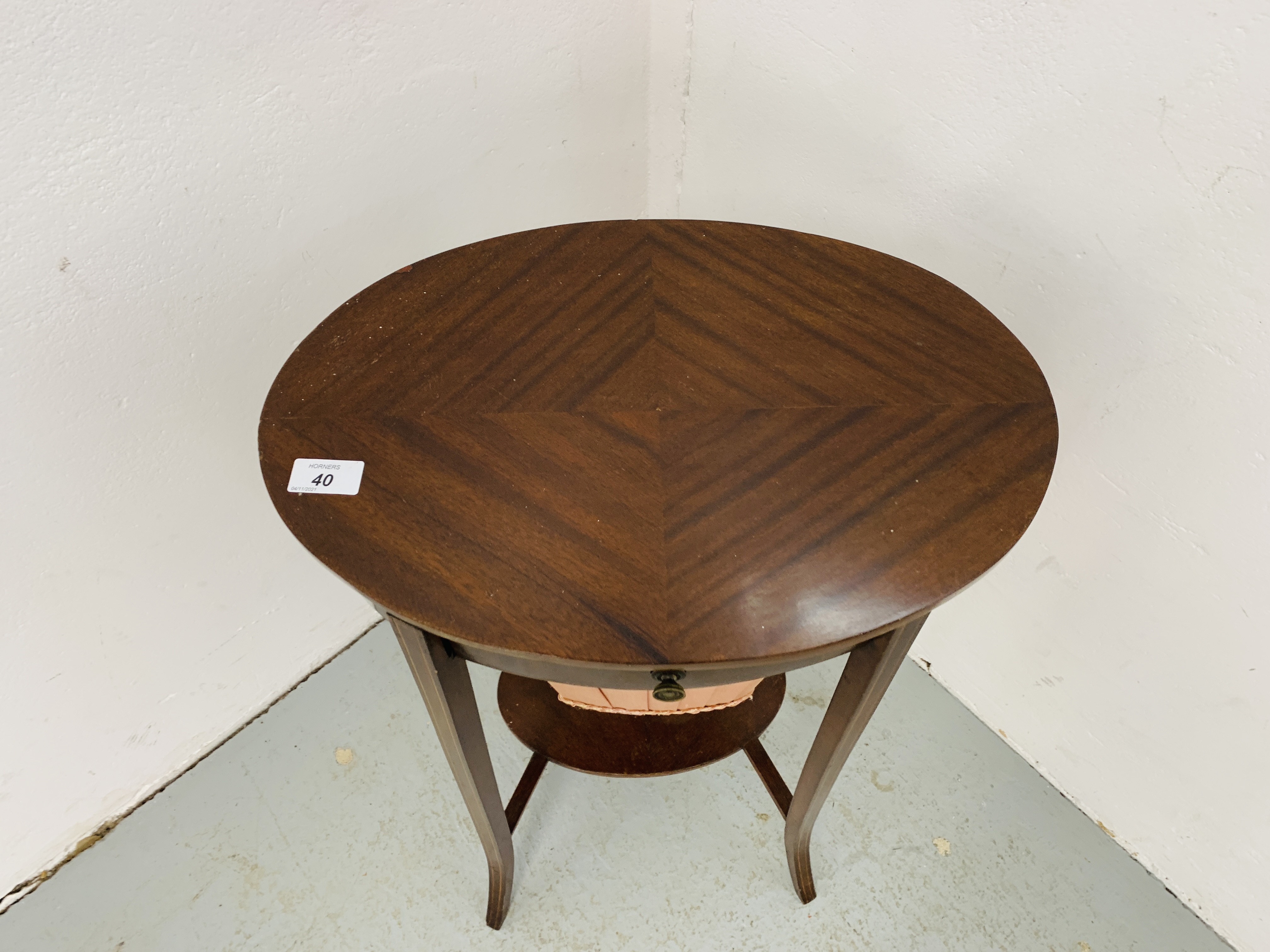 AN EDWARDIAN MAHOGANY TWO TIER WORK TABLE OF OVAL FORM ON SPLAYED LEG, - Image 2 of 6