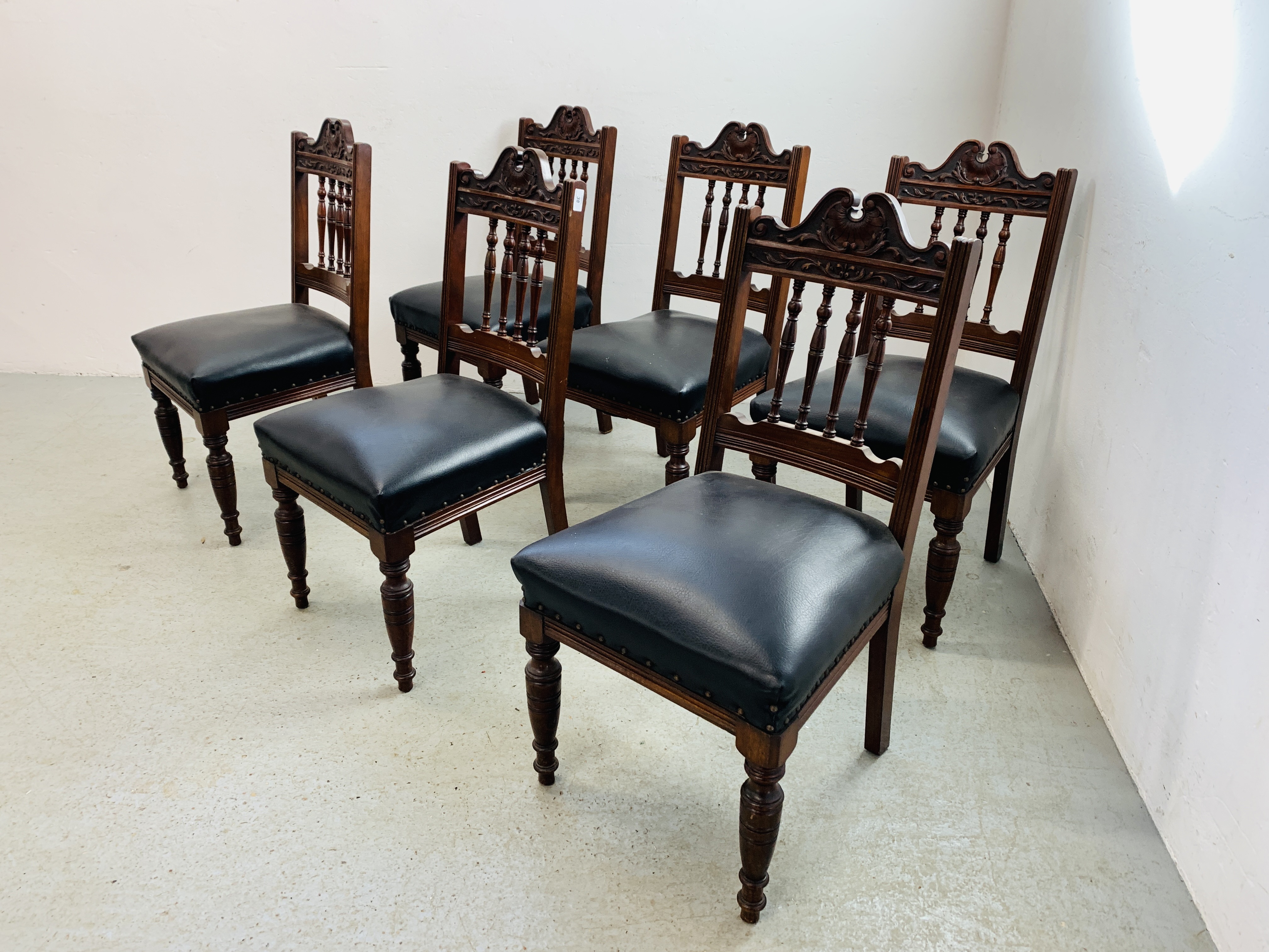 SET OF 6 PERIOD CARVED MAHOGANY DINING CHAIRS, BLACK LEATHER FINISH SEATS, - Image 2 of 10