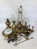 BOX OF ASSORTED BRASSWARE TO INCLUDE 4 OIL LAMPS, CIRCULAR WALL CLOCK, CANDLESTICK, BELLOWS ETC.