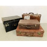3 X VINTAGE LEATHER SUITCASES ALONG WITH A VINTAGE METAL TWO HANDLED TRUNK