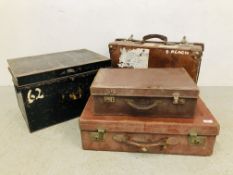 3 X VINTAGE LEATHER SUITCASES ALONG WITH A VINTAGE METAL TWO HANDLED TRUNK