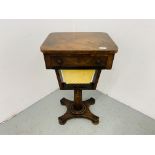 A VICTORIAN WALNUT PEDESTAL WORK TABLE, THE SINGLE FITTED DRAWER ABOVE A SUSPENDED BASKET - 45CM.