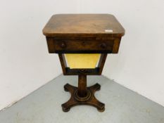 A VICTORIAN WALNUT PEDESTAL WORK TABLE, THE SINGLE FITTED DRAWER ABOVE A SUSPENDED BASKET - 45CM.