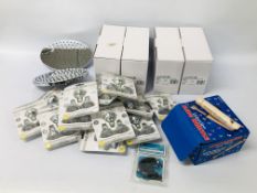 BOX OF ASSORTED LIGHT BULBS, SHOWER HEADS AND A BOX OF WOODEN SLIDE WHISTLES ETC.