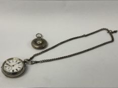 VINTAGE SILVER CASED POCKET WATCH WITH ENAMELED DIAL ALONG WITH A SILVER POCKET WATCH CHAIN & A