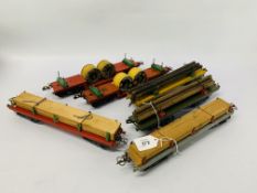 6 X VINTAGE HORNBY MECCANO 0 GAUGE TROLLEY AND TIMBER WAGONS