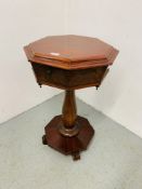 A VICTORIAN MAHOGANY PEDESTAL SEWING TABLE,