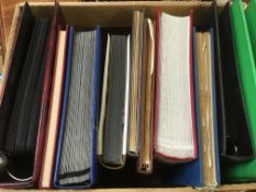 BOX OF GB STAMP COLLECTIONS IN SEVEN STOCKBOOKS AND ON HINGED IN 3 BINDERS