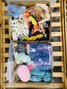 2 X BOXES OF ASSORTED WOOL AND YARN + BOX OF LINEN AND LACE ETC.