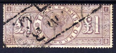GB: 1876 TELEGRAPH £1 BROWN-LILAC CB USE