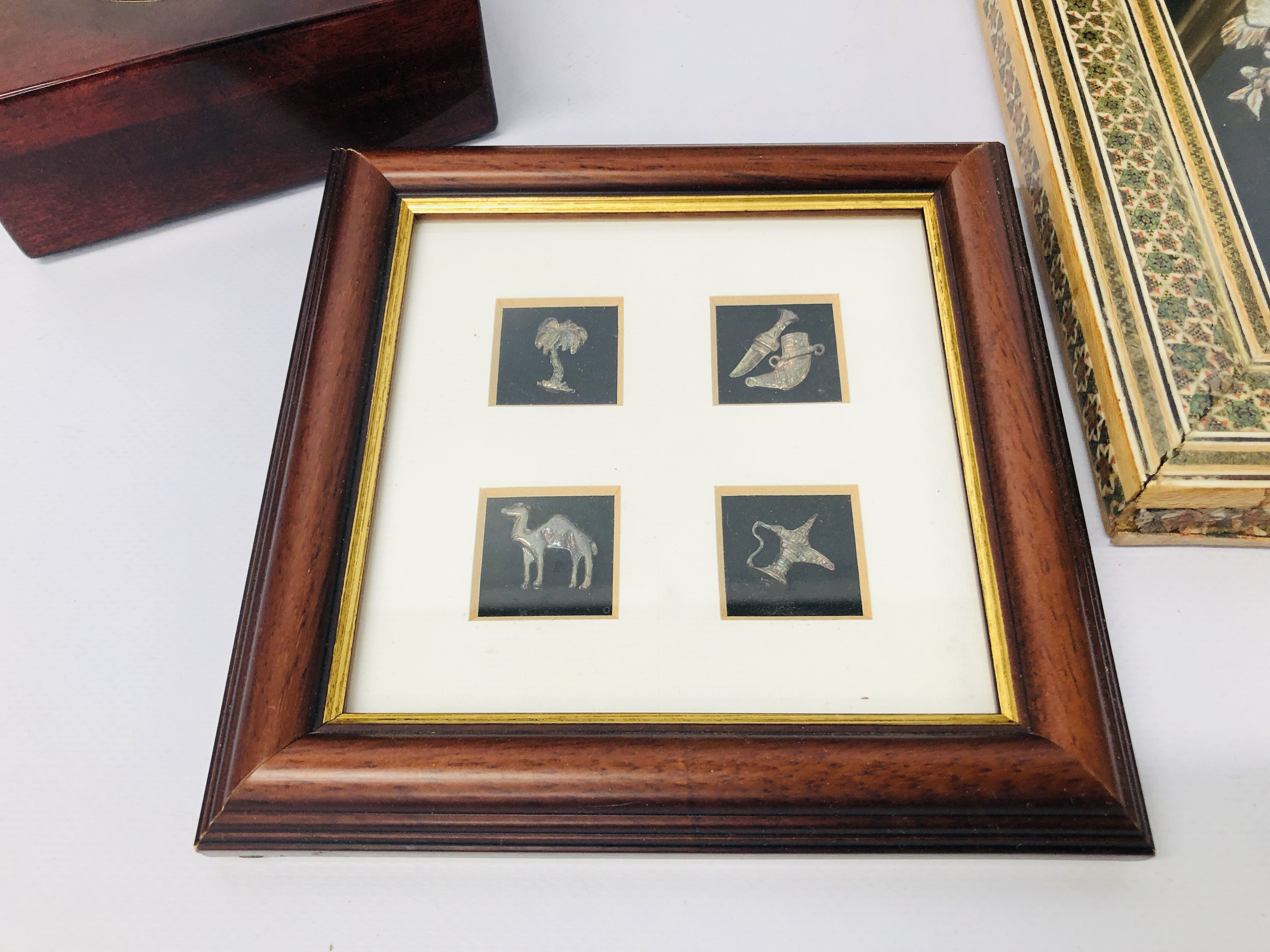 CASED DISPLAY OF AN ARAB DECORATIVE SWORD, FRAMED METAL WORK BIRDS, FRAMED MINIATURE CHARMS, - Image 3 of 10