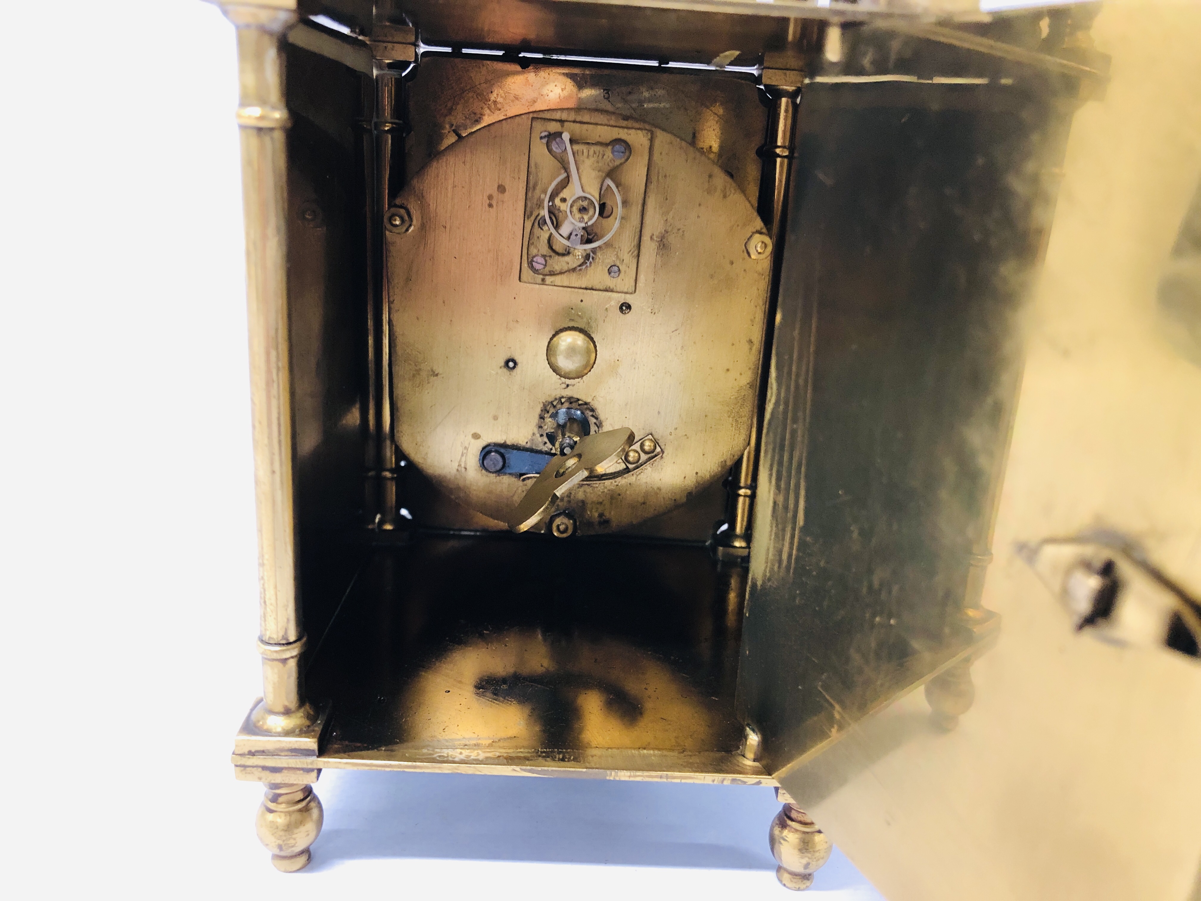 ANTIQUE FRENCH BRASS 8 DAY LANTERN CLOCK - H 27CM. - Image 6 of 7