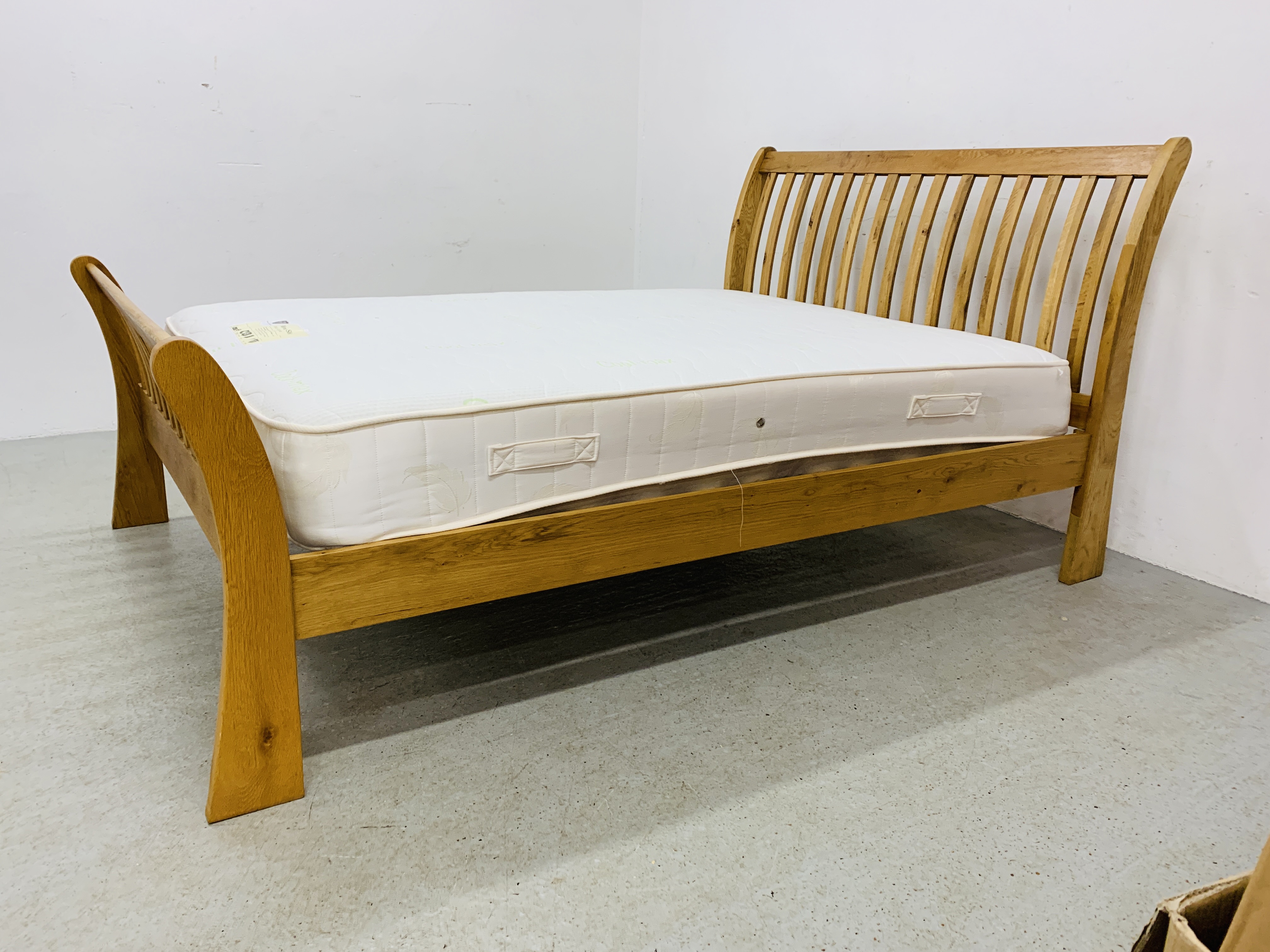 MODERN LIGHT OAK FINISH KING SIZE BED FRAME WITH "THE SHIRE BED CO. - Image 9 of 12