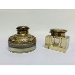 A SILVER-MOUNTED INKWELL, LONDON ASSAY, ALONG WITH A SQUARE INKWELL,