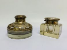 A SILVER-MOUNTED INKWELL, LONDON ASSAY, ALONG WITH A SQUARE INKWELL,