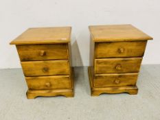 PAIR OF MODERN HARDWOOD 3 DRAWER BEDSIDE CHESTS, WITH TURNED HANDLES - W 49CM. D 46CM. H 63CM.