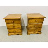 PAIR OF MODERN HARDWOOD 3 DRAWER BEDSIDE CHESTS, WITH TURNED HANDLES - W 49CM. D 46CM. H 63CM.