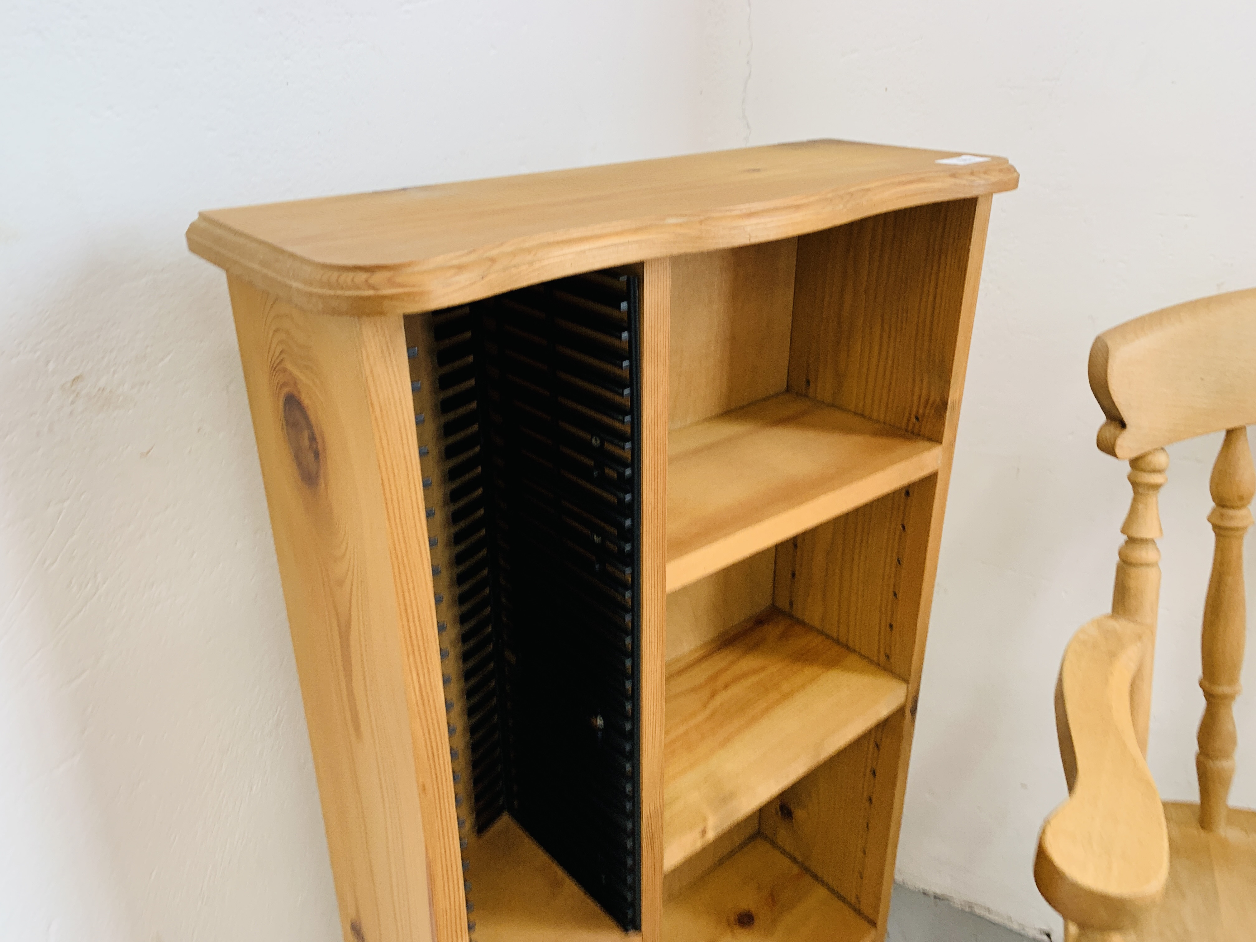 A BEECHWOOD TRADITIONAL ELBOW CHAIR AND WAXED PINE MEDIA STORAGE SHELF - Image 4 of 4