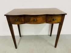 MAHOGANY FINISH 3 DRAWER HALL TABLE BEARING "A BEBAN FUNNELL" REPRODUX MAKERS LABEL - W 94CM.