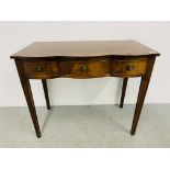 MAHOGANY FINISH 3 DRAWER HALL TABLE BEARING "A BEBAN FUNNELL" REPRODUX MAKERS LABEL - W 94CM.