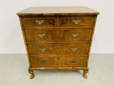 REPRODUCTION BURR WALNUT FINISH CHEST OF DRAWERS,