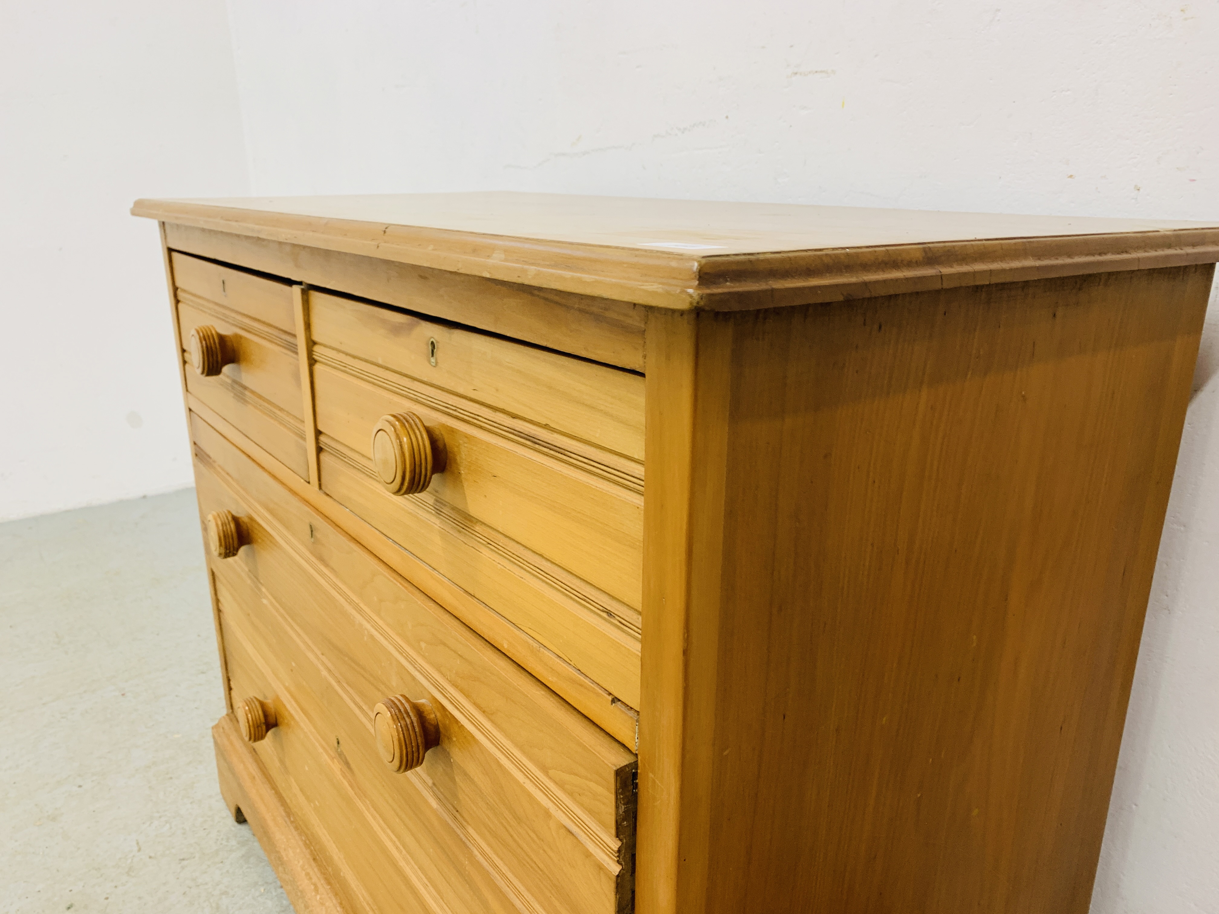WAXED PINE TWO OVER TWO DRAWER CHEST WITH TURNED HANDLES - W 107CM. D 55CM. H 87CM. - Image 4 of 7