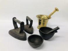 VINTAGE BRASS PESTLE AND MORTAR AND ONE OTHER ALONG WITH TWO VINTAGE FLAT IRONS