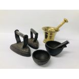 VINTAGE BRASS PESTLE AND MORTAR AND ONE OTHER ALONG WITH TWO VINTAGE FLAT IRONS