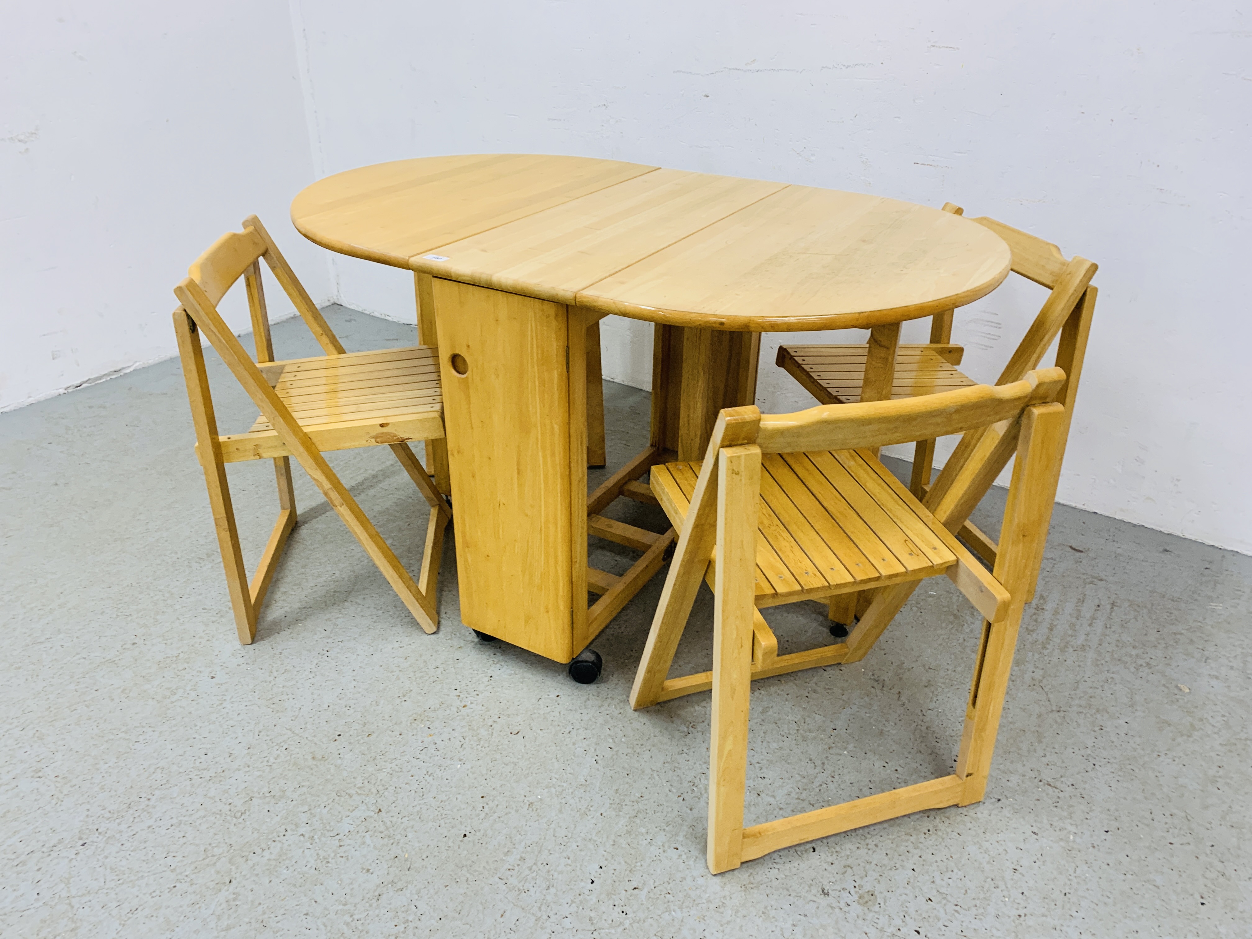 MODERN BEECH WOOD COMPACT GATELEG DINING SET (TABLE AND FOUR FOLDING CHAIRS) - W 85CM. L 132CM. - Image 5 of 8