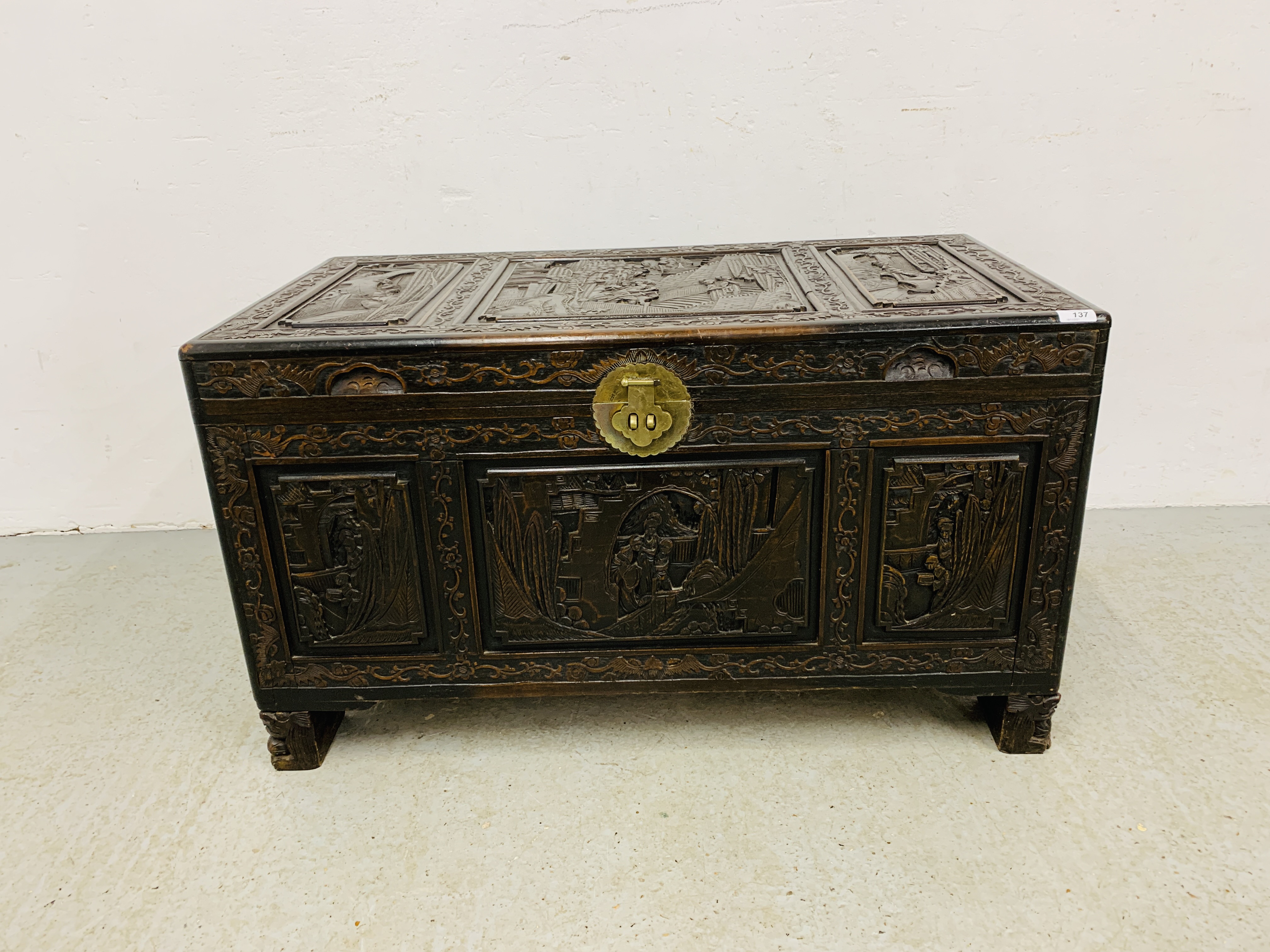 HEAVILY CARVED CAMPHOR WOOD CHEST - THE PANELS WITH ORIENTAL DESIGN - Image 11 of 11