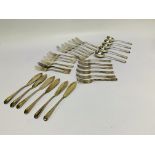 A SET OF 6 SILVER FISH KNIVES AND FORKS, LONDON ASSAY, 6 SILVER TABLE FORKS, 5 SILVER SOUP SPOONS,