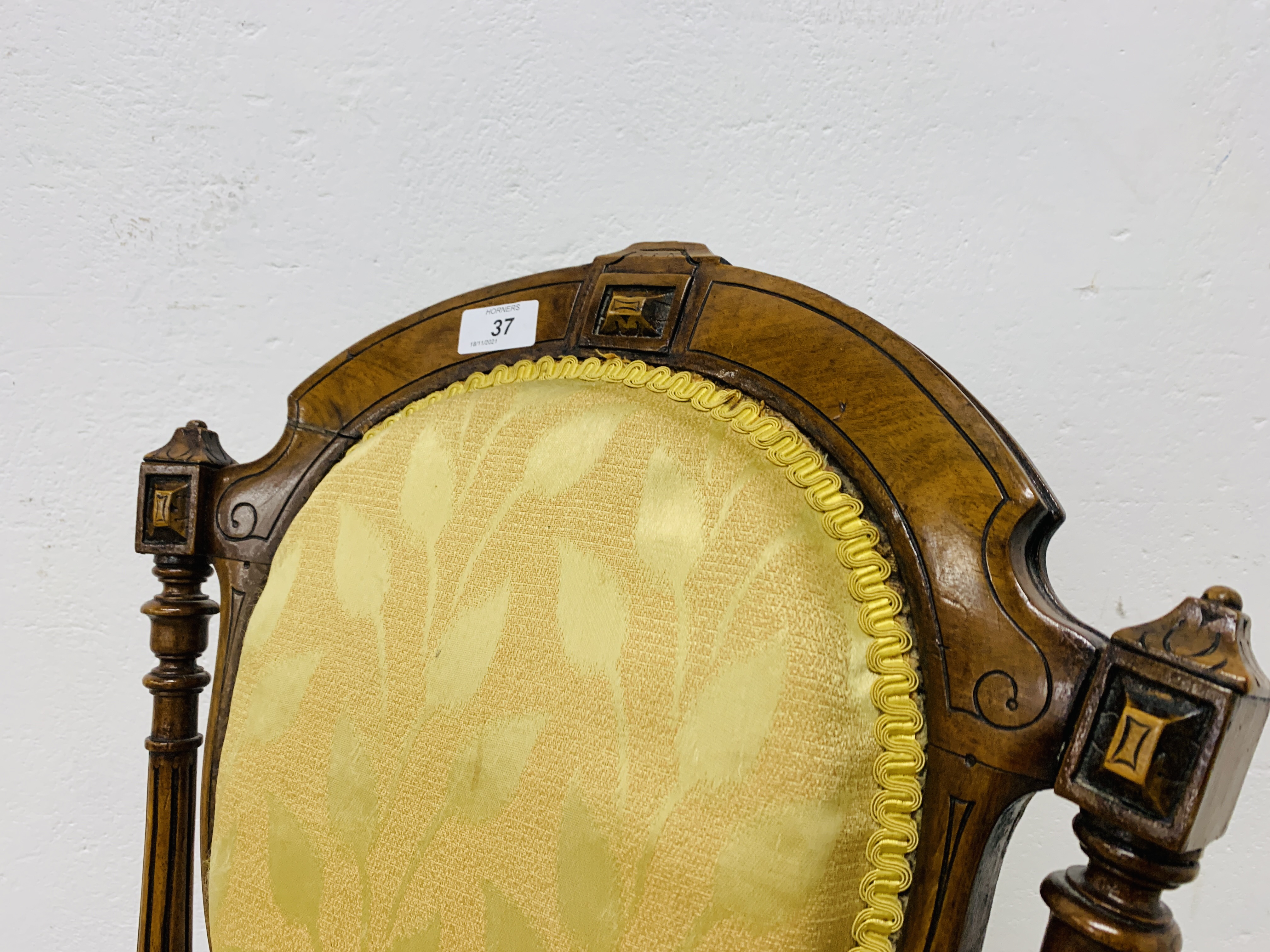 VICTORIAN ORNATE WALNUT NURSING CHAIR, WITH GOLD UPHOLSTERED SEAT AND BACK - H 85CM. - Image 3 of 9