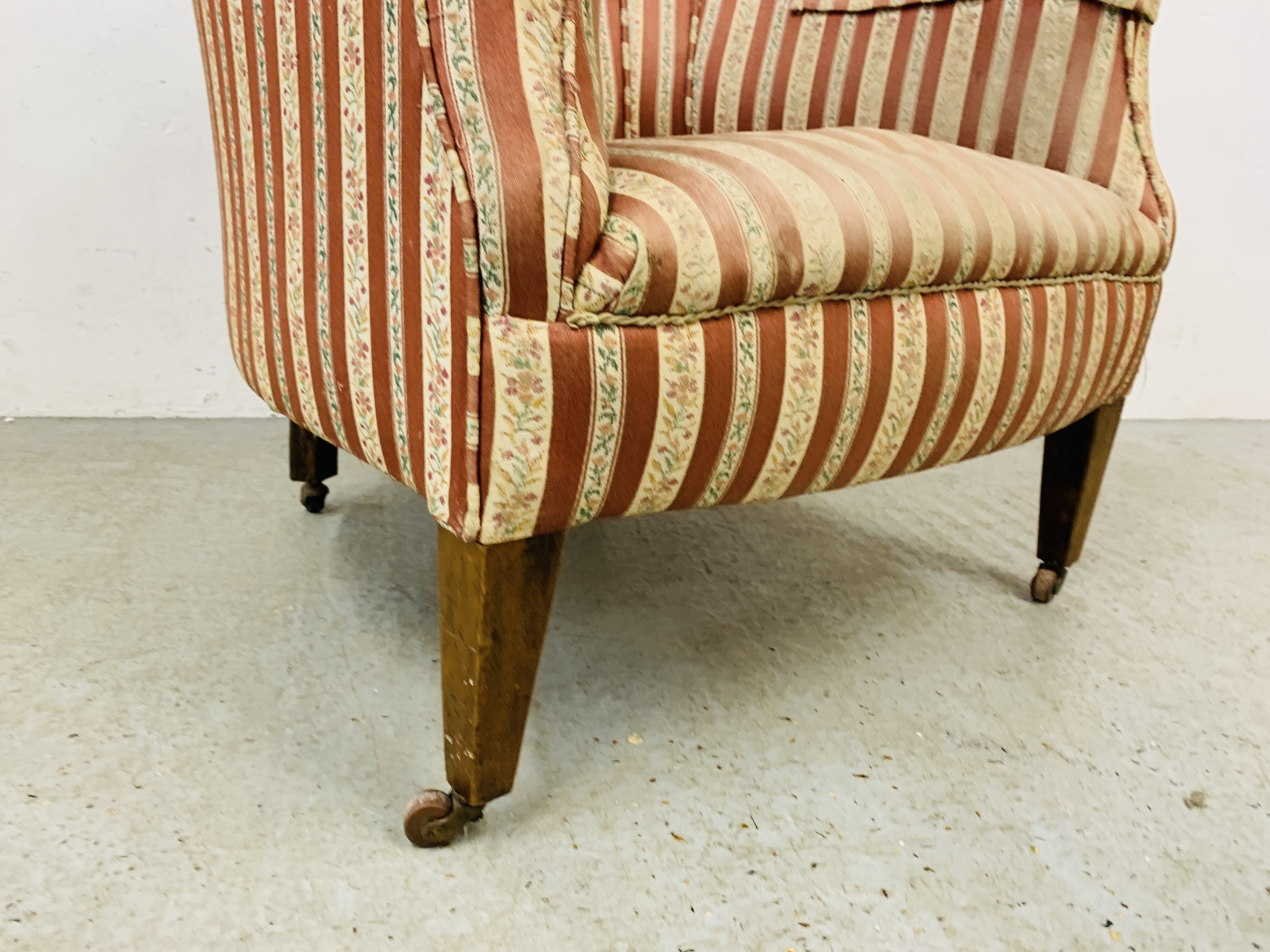 ANTIQUE TUB CHAIR, ORIGINAL STRIPPED MATERIAL, - Image 4 of 7