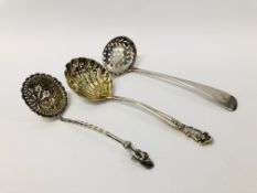 THREE SILVER SIFTING LADLES - OVERALL WEIGHT 110g