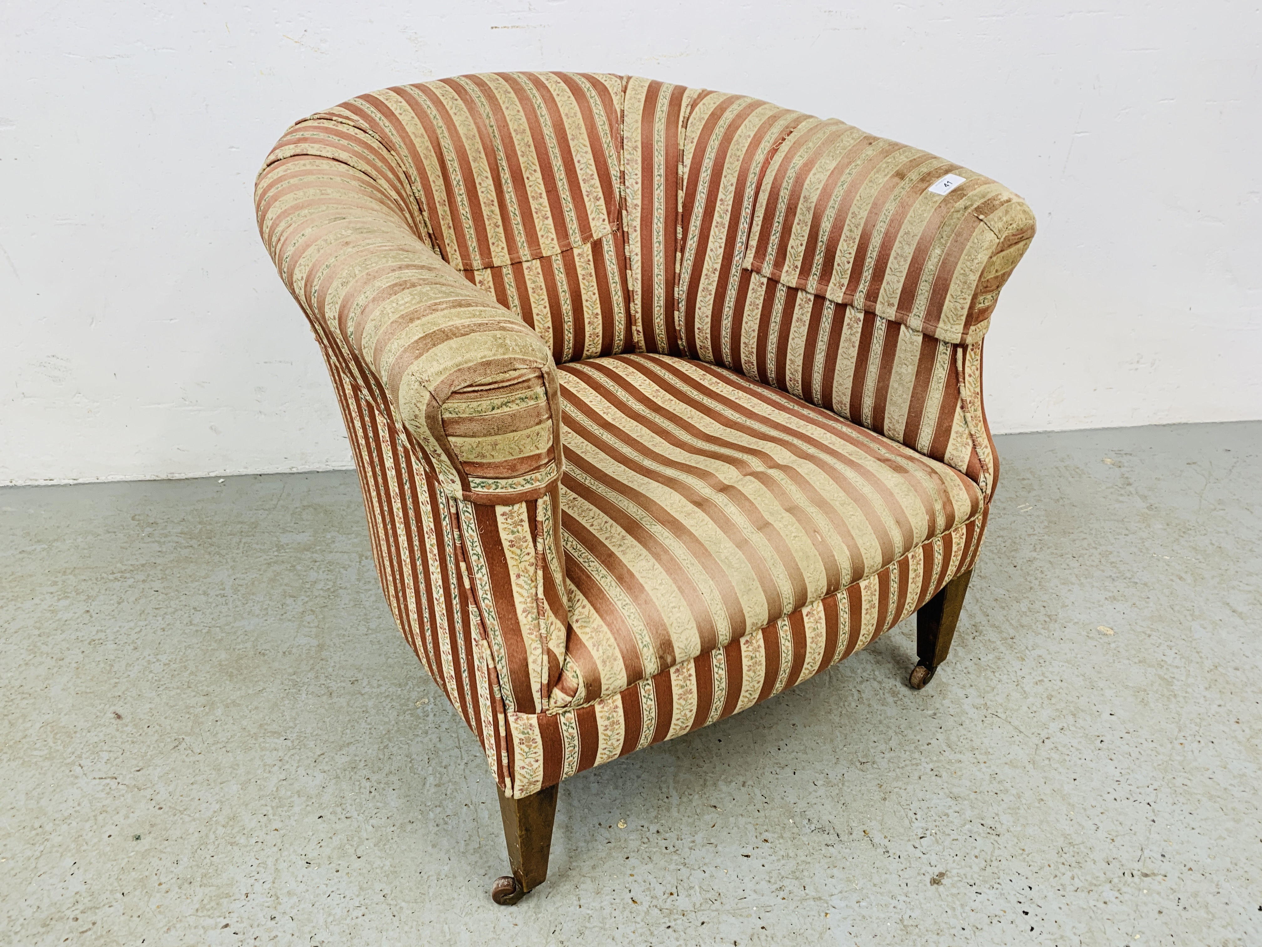 ANTIQUE TUB CHAIR, ORIGINAL STRIPPED MATERIAL,