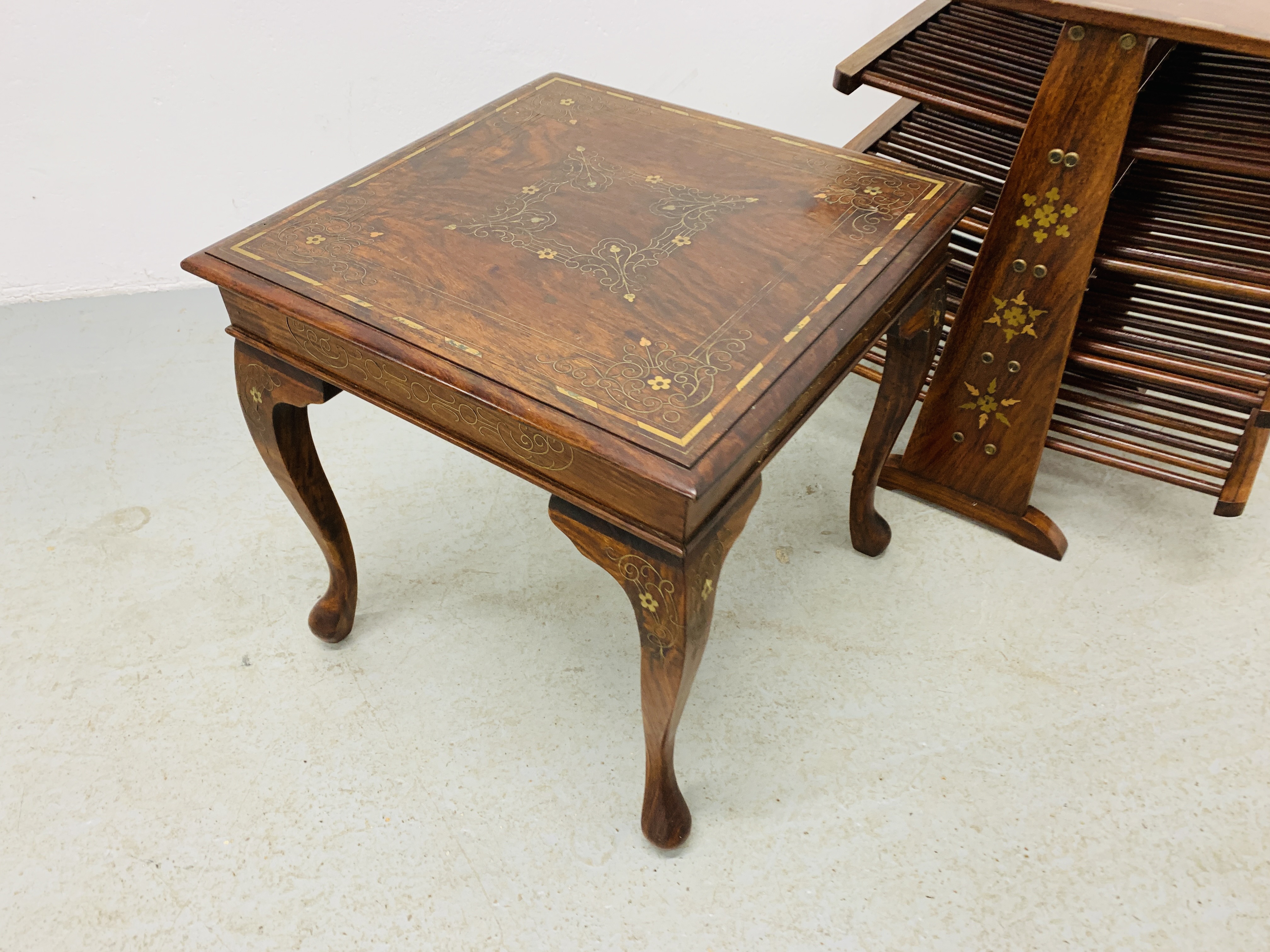 ORIENTAL DESIGN HARDWOOD OCCASIONAL TABLE WITH BRASS INLAY DETAIL ALONG WITH A MATCHING MAGAZINE - Image 2 of 7