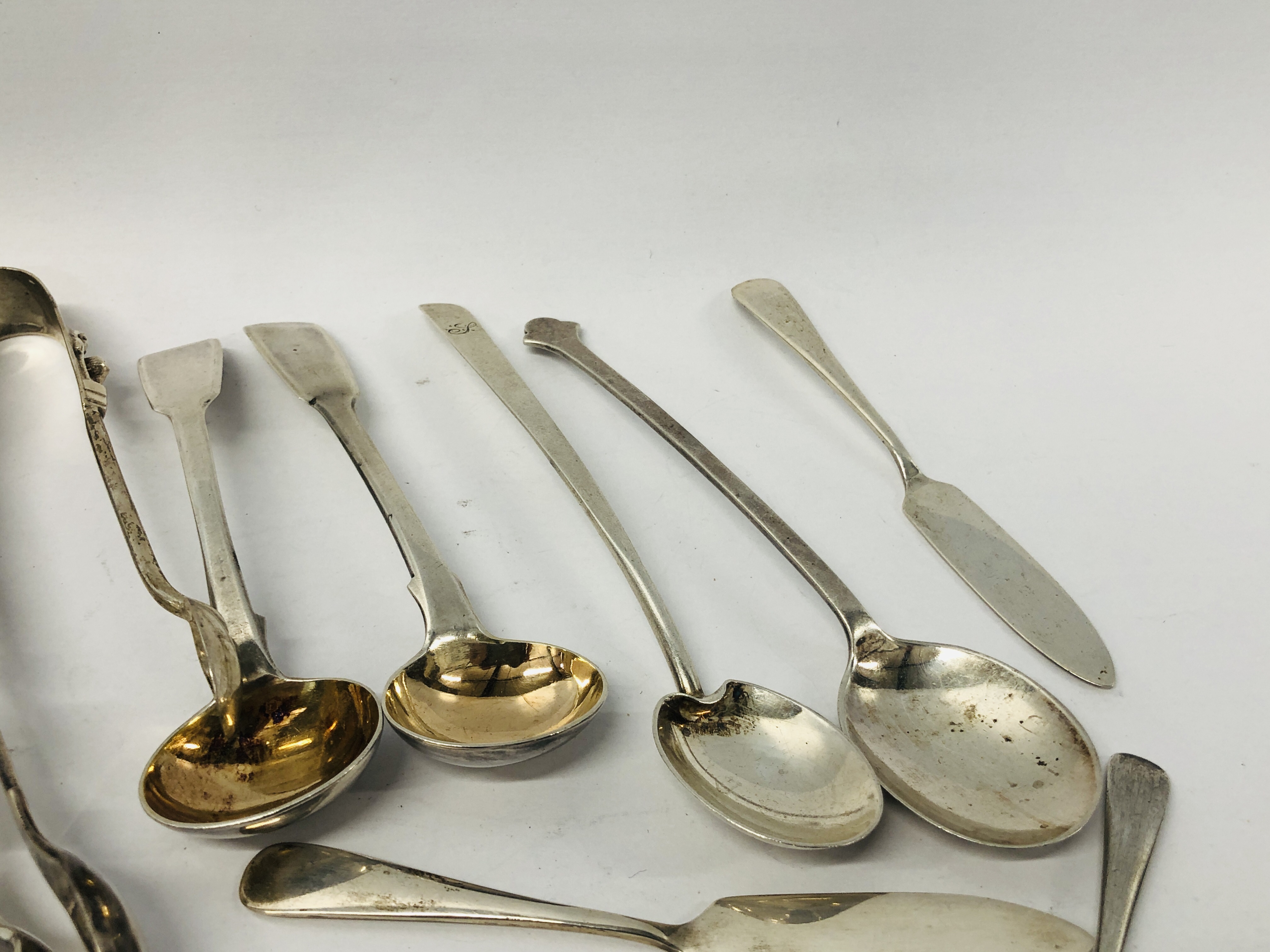 FOUR VARIOUS PAIRS OF SILVER SUGAR NIPS, FIVE SILVER SALT SPOONS, - Image 3 of 8