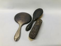 3 X SILVER BACKED DRESSING TABLE BRUSHES AND A MIRROR