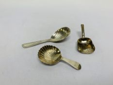 3 SILVER CADDY SPOONS: ONE LONDON 1875, ONE OF SHOVEL FORM, JOSEPH TAYLOR,