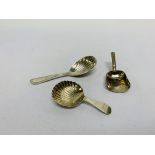 3 SILVER CADDY SPOONS: ONE LONDON 1875, ONE OF SHOVEL FORM, JOSEPH TAYLOR,