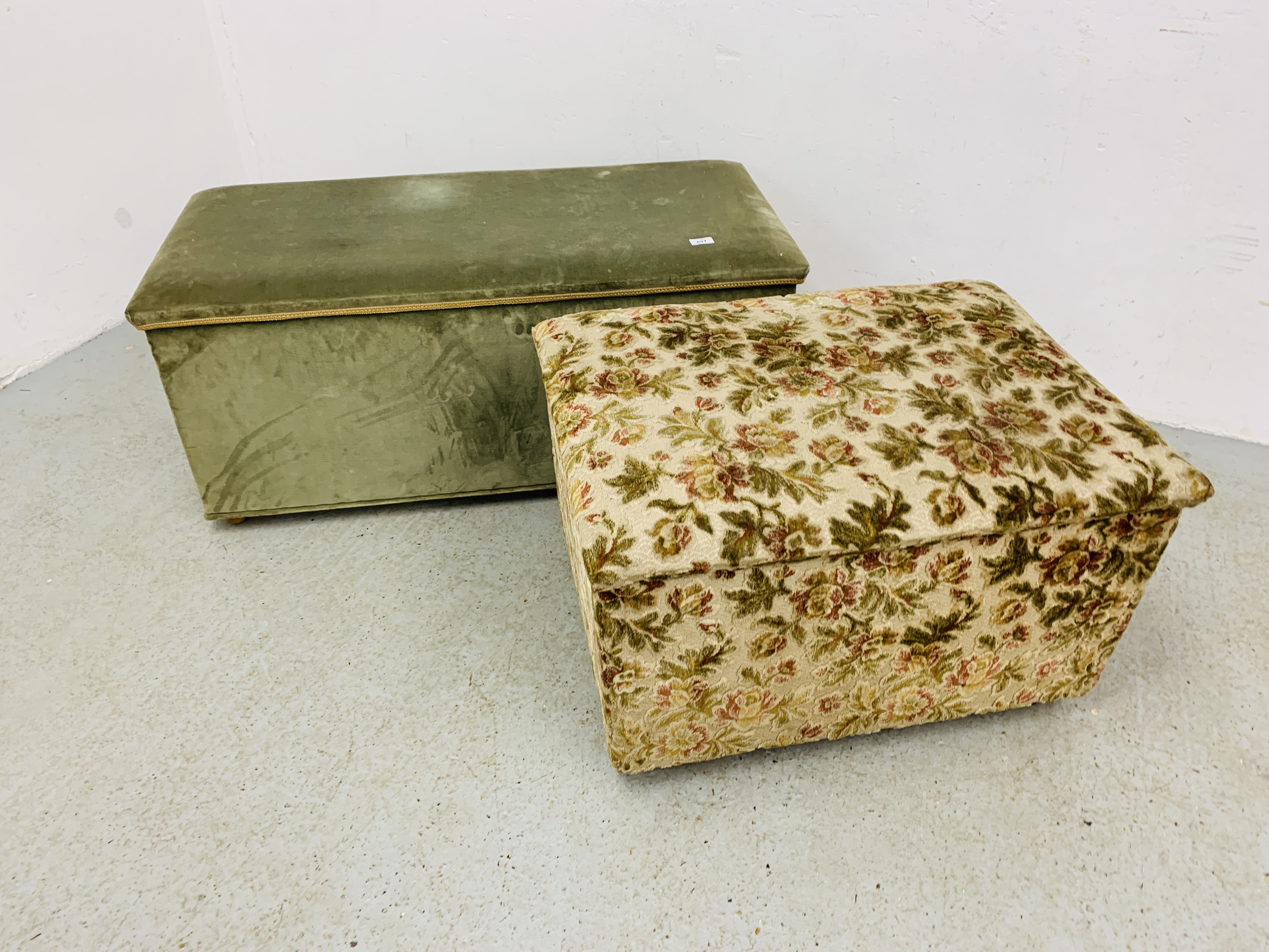 TWO UPHOLSTERED OTTOMANS (GREEN - W 109CM. D 52CM. H 44CM. PATTERNED W 78CM. D 57CM. H 42CM.