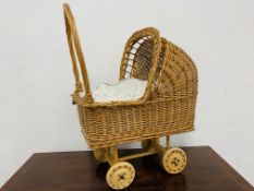 WICKER CHILD'S PRAM ALONG WITH CHINA DOLLS & BEDDING