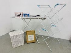 A MORPHY RICHARDS TURBO STEAM IRON, BRABANTIA FOLDING IRONING BOARD, FOLDING CLOTHES AIRER,