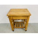 MODERN HARDWOOD KITCHEN STAND / BUTCHER'S BLOCK ON FOUR WHEELS - W 65CM. D 48CM. H 85CM.