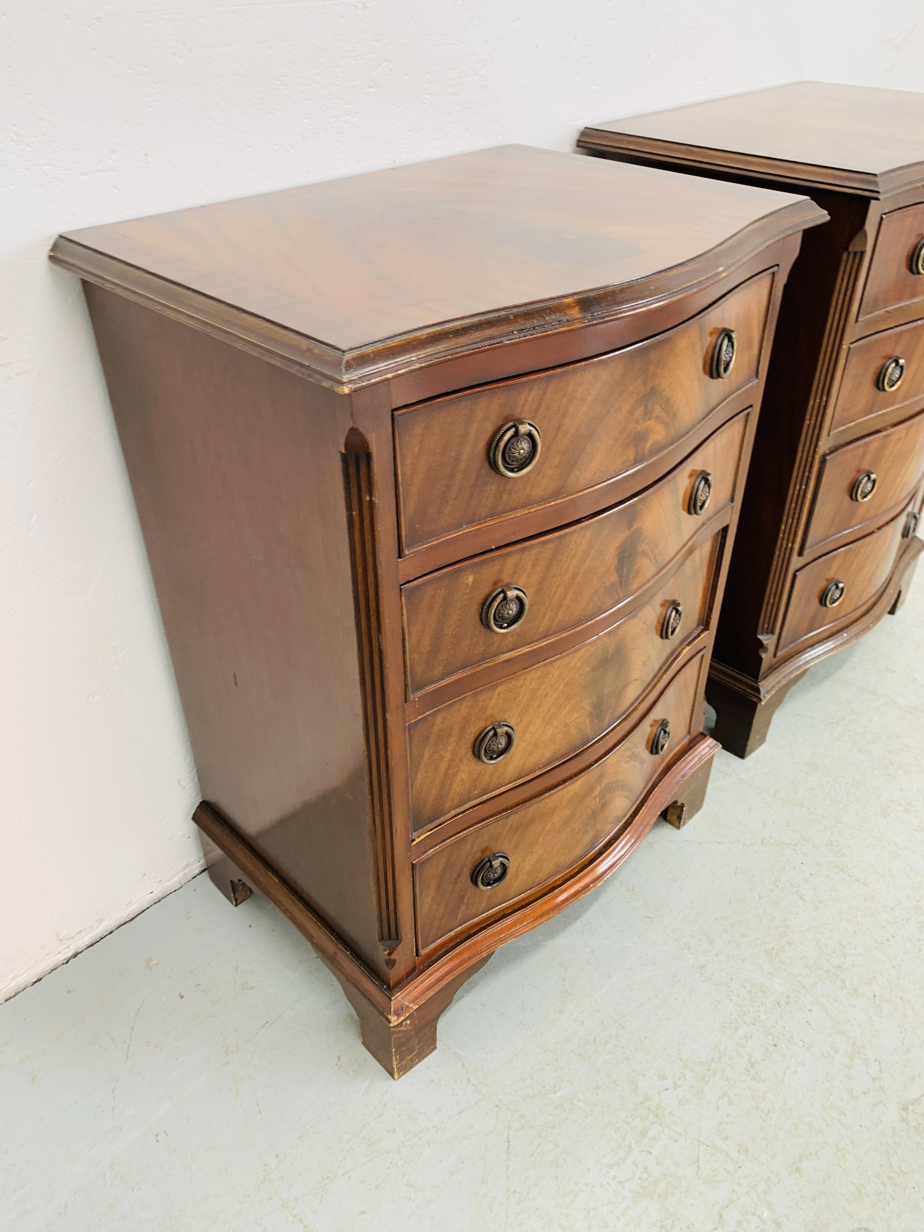 PAIR OF FLAME MAHOGANY FOUR DRAWER CHESTS - W 49CM. D 36CM. H 70CM. - Image 3 of 10