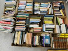 12 BOXES OF ASSORTED BOOKS TO INCLUDE MODERN NOVELS AND REFERENCE